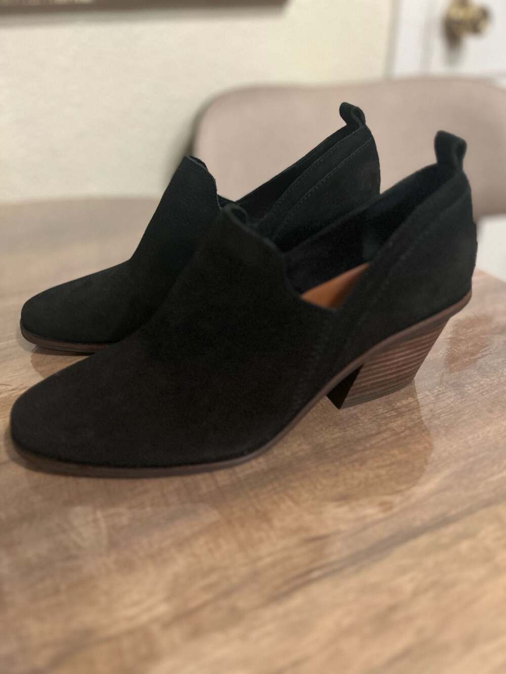 Lucky Brand Vennia Black Suede Low Profile Pull-On Heeled Booties
